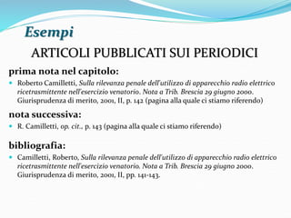 Esempi 
ARTICOLI PUBBLICATI SUI PERIODICI 
prima nota nel capitolo: 
 Roberto Camilletti, Sulla rilevanza penale dell'utilizzo di apparecchio radio elettrico 
ricetrasmittente nell'esercizio venatorio. Nota a Trib. Brescia 29 giugno 2000. 
Giurisprudenza di merito, 2001, II, p. 142 (pagina alla quale ci stiamo riferendo) 
nota successiva: 
 R. Camilletti, op. cit., p. 143 (pagina alla quale ci stiamo riferendo) 
bibliografia: 
 Camilletti, Roberto, Sulla rilevanza penale dell'utilizzo di apparecchio radio elettrico 
ricetrasmittente nell'esercizio venatorio. Nota a Trib. Brescia 29 giugno 2000. 
Giurisprudenza di merito, 2001, II, pp. 141-143. 
 