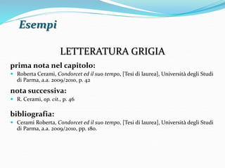 Esempi 
LETTERATURA GRIGIA 
prima nota nel capitolo: 
 Roberta Cerami, Condorcet ed il suo tempo, [Tesi di laurea], Università degli Studi 
di Parma, a.a. 2009/2010, p. 42 
nota successiva: 
 R. Cerami, op. cit., p. 46 
bibliografia: 
 Cerami Roberta, Condorcet ed il suo tempo, [Tesi di laurea], Università degli Studi 
di Parma, a.a. 2009/2010, pp. 180. 
 