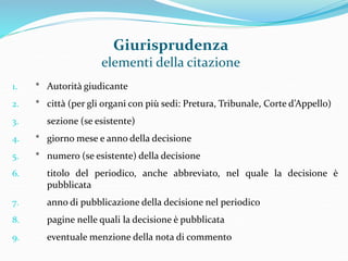 Giurisprudenza 
elementi della citazione 
1. * Autorità giudicante 
2. * città (per gli organi con più sedi: Pretura, Tribunale, Corte d’Appello) 
3. sezione (se esistente) 
4. * giorno mese e anno della decisione 
5. * numero (se esistente) della decisione 
6. titolo del periodico, anche abbreviato, nel quale la decisione è 
pubblicata 
7. anno di pubblicazione della decisione nel periodico 
8. pagine nelle quali la decisione è pubblicata 
9. eventualemenzione della nota di commento 
 