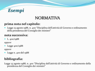 Esempi 
NORMATIVA 
prima nota nel capitolo: 
 Legge 23 agosto 1988, n. 400 “Disciplina dell'attività di Governo e ordinamento 
della presidenza del Consiglio dei ministri” 
nota successiva: 
 L. 400/1988 
oppure 
 Legge 400/1988 
oppure 
 Legge n. 400 del 1988 
bibliografia: 
Legge 23 agosto 1988, n. 400 “Disciplina dell'attività di Governo e ordinamento della 
presidenza del Consiglio dei ministri” 
 