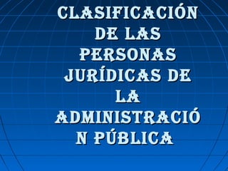 CLASIFICACIÓNCLASIFICACIÓN
DE LASDE LAS
PERSONASPERSONAS
JURÍDICAS DEJURÍDICAS DE
LALA
ADMINISTRACIÓADMINISTRACIÓ
N PÚBLICAN PÚBLICA
 