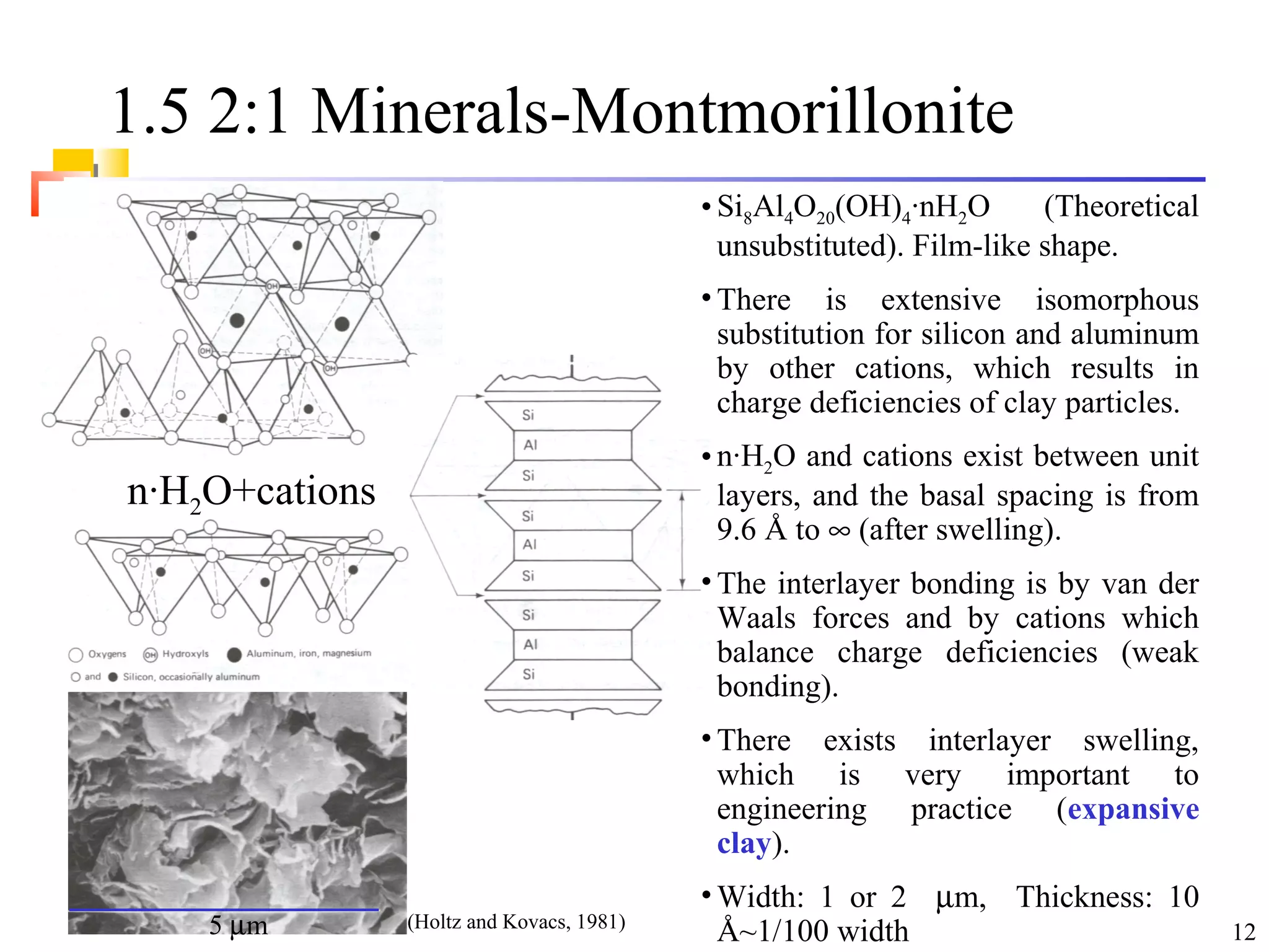 12
1.5 2:1 Minerals-Montmorillonite
n·H2O+cations
5 µm
• Si8Al4O20(OH)4·nH2O (Theoretical
unsubstituted). Film-like shape.
• There is extensive isomorphous
substitution for silicon and aluminum
by other cations, which results in
charge deficiencies of clay particles.
• n·H2O and cations exist between unit
layers, and the basal spacing is from
9.6 Å to ∞ (after swelling).
• The interlayer bonding is by van der
Waals forces and by cations which
balance charge deficiencies (weak
bonding).
• There exists interlayer swelling,
which is very important to
engineering practice (expansive
clay).
• Width: 1 or 2 µm, Thickness: 10
Å~1/100 width(Holtz and Kovacs, 1981)
 