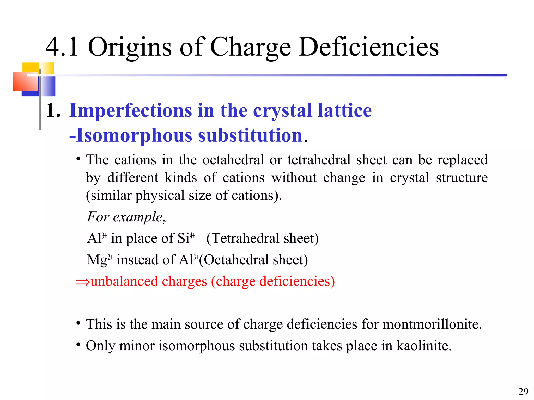 29
4.1 Origins of Charge Deficiencies
1. Imperfections in the crystal lattice
-Isomorphous substitution.
• The cations in the octahedral or tetrahedral sheet can be replaced
by different kinds of cations without change in crystal structure
(similar physical size of cations).
For example,
Al3+
in place of Si4+
(Tetrahedral sheet)
Mg2+
instead of Al3+
(Octahedral sheet)
⇒unbalanced charges (charge deficiencies)
• This is the main source of charge deficiencies for montmorillonite.
• Only minor isomorphous substitution takes place in kaolinite.
 