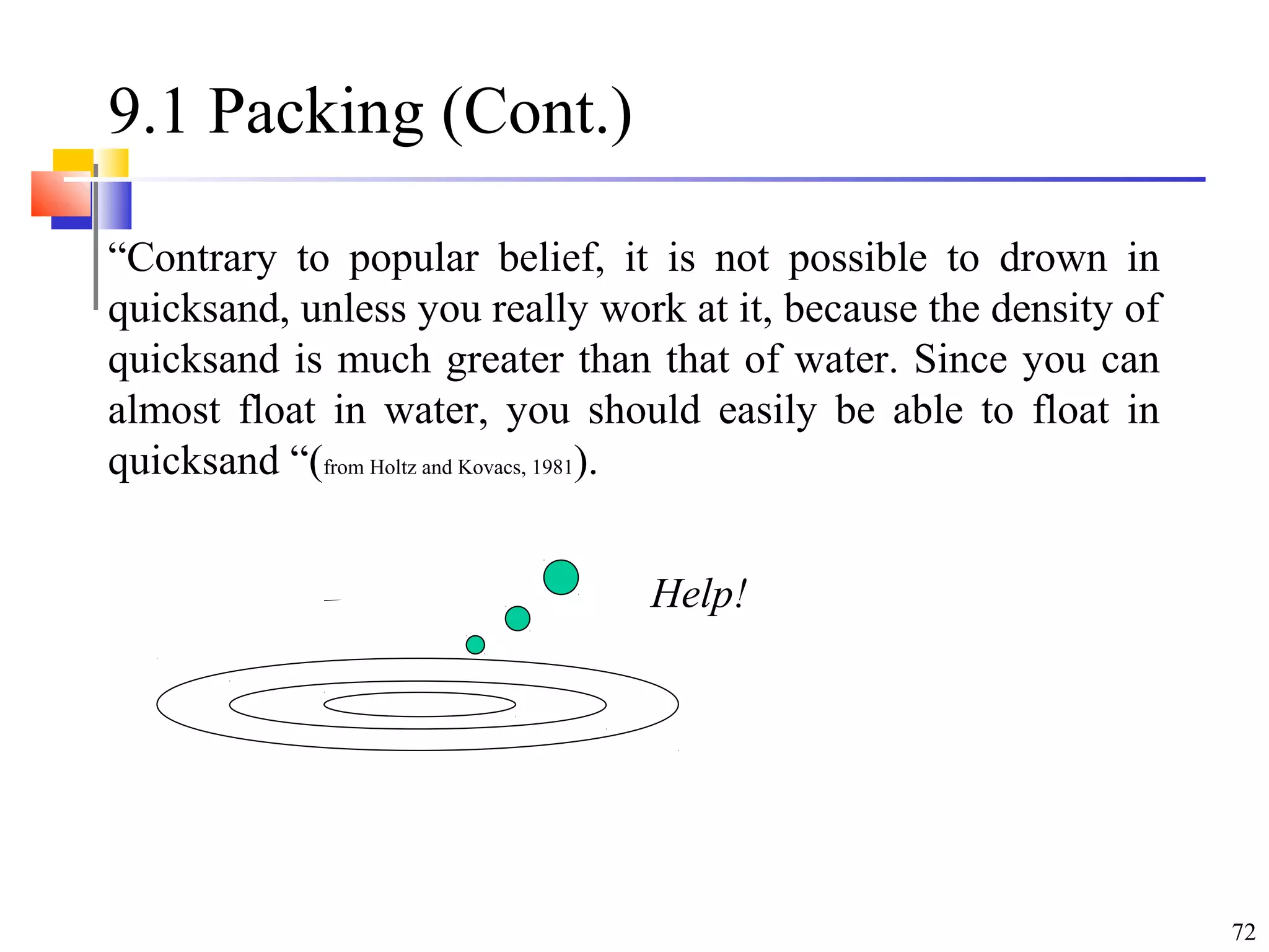 72
9.1 Packing (Cont.)
“Contrary to popular belief, it is not possible to drown in
quicksand, unless you really work at it, because the density of
quicksand is much greater than that of water. Since you can
almost float in water, you should easily be able to float in
quicksand “(from Holtz and Kovacs, 1981).
Help!
 
