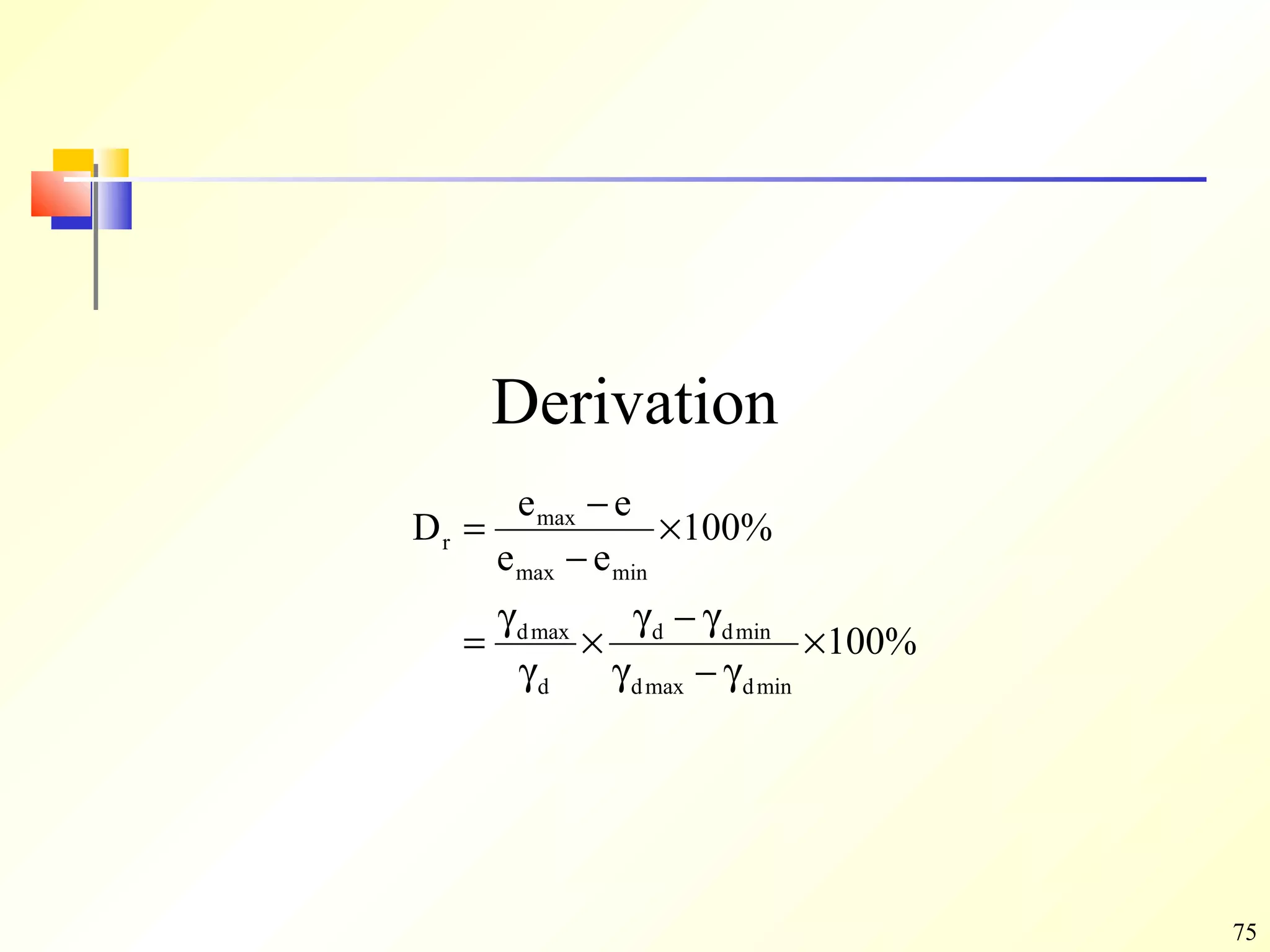 75
Derivation
%100
%100
ee
ee
D
mindmaxd
mindd
d
maxd
minmax
max
r
×
γ−γ
γ−γ
×
γ
γ
=
×
−
−
=
 