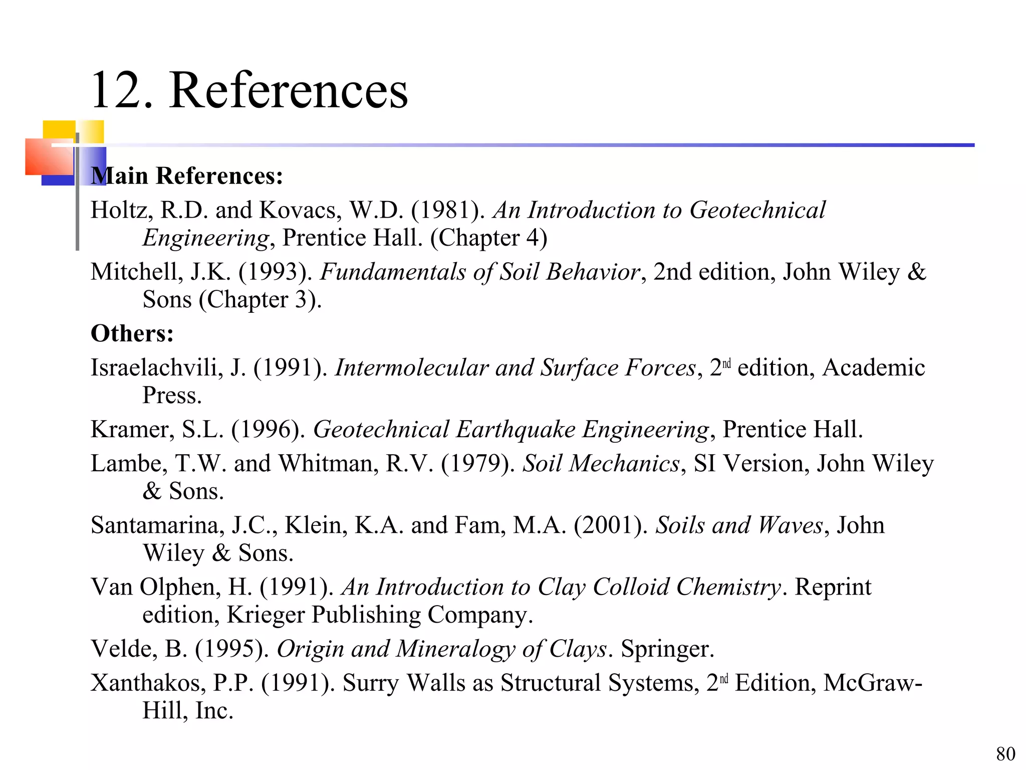 80
12. References
Main References:
Holtz, R.D. and Kovacs, W.D. (1981). An Introduction to Geotechnical
Engineering, Prentice Hall. (Chapter 4)
Mitchell, J.K. (1993). Fundamentals of Soil Behavior, 2nd edition, John Wiley &
Sons (Chapter 3).
Others:
Israelachvili, J. (1991). Intermolecular and Surface Forces, 2nd
edition, Academic
Press.
Kramer, S.L. (1996). Geotechnical Earthquake Engineering, Prentice Hall.
Lambe, T.W. and Whitman, R.V. (1979). Soil Mechanics, SI Version, John Wiley
& Sons.
Santamarina, J.C., Klein, K.A. and Fam, M.A. (2001). Soils and Waves, John
Wiley & Sons.
Van Olphen, H. (1991). An Introduction to Clay Colloid Chemistry. Reprint
edition, Krieger Publishing Company.
Velde, B. (1995). Origin and Mineralogy of Clays. Springer.
Xanthakos, P.P. (1991). Surry Walls as Structural Systems, 2nd
Edition, McGraw-
Hill, Inc.
 