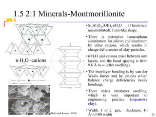 12
1.5 2:1 Minerals-Montmorillonite
n·H2O+cations
5 µm
• Si8Al4O20(OH)4·nH2O (Theoretical
unsubstituted). Film-like shape.
• There is extensive isomorphous
substitution for silicon and aluminum
by other cations, which results in
charge deficiencies of clay particles.
• n·H2O and cations exist between unit
layers, and the basal spacing is from
9.6 Å to ∞ (after swelling).
• The interlayer bonding is by van der
Waals forces and by cations which
balance charge deficiencies (weak
bonding).
• There exists interlayer swelling,
which is very important to
engineering practice (expansive
clay).
• Width: 1 or 2 µm, Thickness: 10
Å~1/100 width(Holtz and Kovacs, 1981)
 