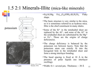 13
1.5 2:1 Minerals-Illite (mica-like minerals)
potassium
• Si8(Al,Mg, Fe)4~6O20(OH)4·(K,H2O)2. Flaky
shape.
• The basic structure is very similar to the mica,
so it is sometimes referred to as hydrous mica.
Illite is the chief constituent in many shales.
• Some of the Si4+
in the tetrahedral sheet are
replaced by the Al3+
, and some of the Al3+
in
the octahedral sheet are substituted by the Mg2+
or Fe3+
. Those are the origins of charge
deficiencies.
• The charge deficiency is balanced by the
potassium ion between layers. Note that the
potassium atom can exactly fit into the
hexagonal hole in the tetrahedral sheet and
form a strong interlayer bonding.
• The basal spacing is fixed at 10 Å in the
presence of polar liquids (no interlayer
swelling).
• Width: 0.1~ several µm, Thickness: ~ 30 Å7.5 µm
Trovey, 1971 ( from
Mitchell, 1993)
K
 