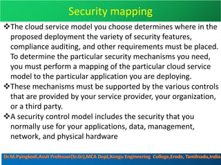 Security mapping
vThe cloud service model you choose determines where in the
proposed deployment the variety of security features,
compliance auditing, and other requirements must be placed.
To determine the particular security mechanisms you need,
you must perform a mapping of the particular cloud service
model to the particular application you are deploying.
vThese mechanisms must be supported by the various controls
that are provided by your service provider, your organization,
or a third party.
vA security control model includes the security that you
normally use for your applications, data, management,
network, and physical hardware
 