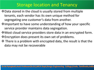 Storage location and Tenancy
vData stored in the cloud is usually stored from multiple
tenants, each vendor has its own unique method for
segregating one customer’s data from another.
vImportant to have some understanding of how your specific
service provider maintains data segregation.
vMost cloud service providers store data in an encrypted form.
vEncryption does present its own set of problems.
v There is a problem with encrypted data, the result is that the
data may not be recoverable
 