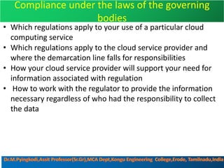 Compliance under the laws of the governing
bodies
• Which regulations apply to your use of a particular cloud
computing service
• Which regulations apply to the cloud service provider and
where the demarcation line falls for responsibilities
• How your cloud service provider will support your need for
information associated with regulation
• How to work with the regulator to provide the information
necessary regardless of who had the responsibility to collect
the data
 