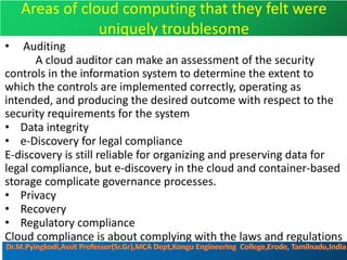 Areas of cloud computing that they felt were
uniquely troublesome
• Auditing
A cloud auditor can make an assessment of the security
controls in the information system to determine the extent to
which the controls are implemented correctly, operating as
intended, and producing the desired outcome with respect to the
security requirements for the system
• Data integrity
• e-Discovery for legal compliance
E-discovery is still reliable for organizing and preserving data for
legal compliance, but e-discovery in the cloud and container-based
storage complicate governance processes.
• Privacy
• Recovery
• Regulatory compliance
Cloud compliance is about complying with the laws and regulations
that apply to using the cloud.
 