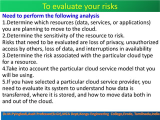 To evaluate your risks
Need to perform the following analysis
1.Determine which resources (data, services, or applications)
you are planning to move to the cloud.
2.Determine the sensitivity of the resource to risk.
Risks that need to be evaluated are loss of privacy, unauthorized
access by others, loss of data, and interruptions in availability
3.Determine the risk associated with the particular cloud type
for a resource.
4.Take into account the particular cloud service model that you
will be using.
5.If you have selected a particular cloud service provider, you
need to evaluate its system to understand how data is
transferred, where it is stored, and how to move data both in
and out of the cloud.
 