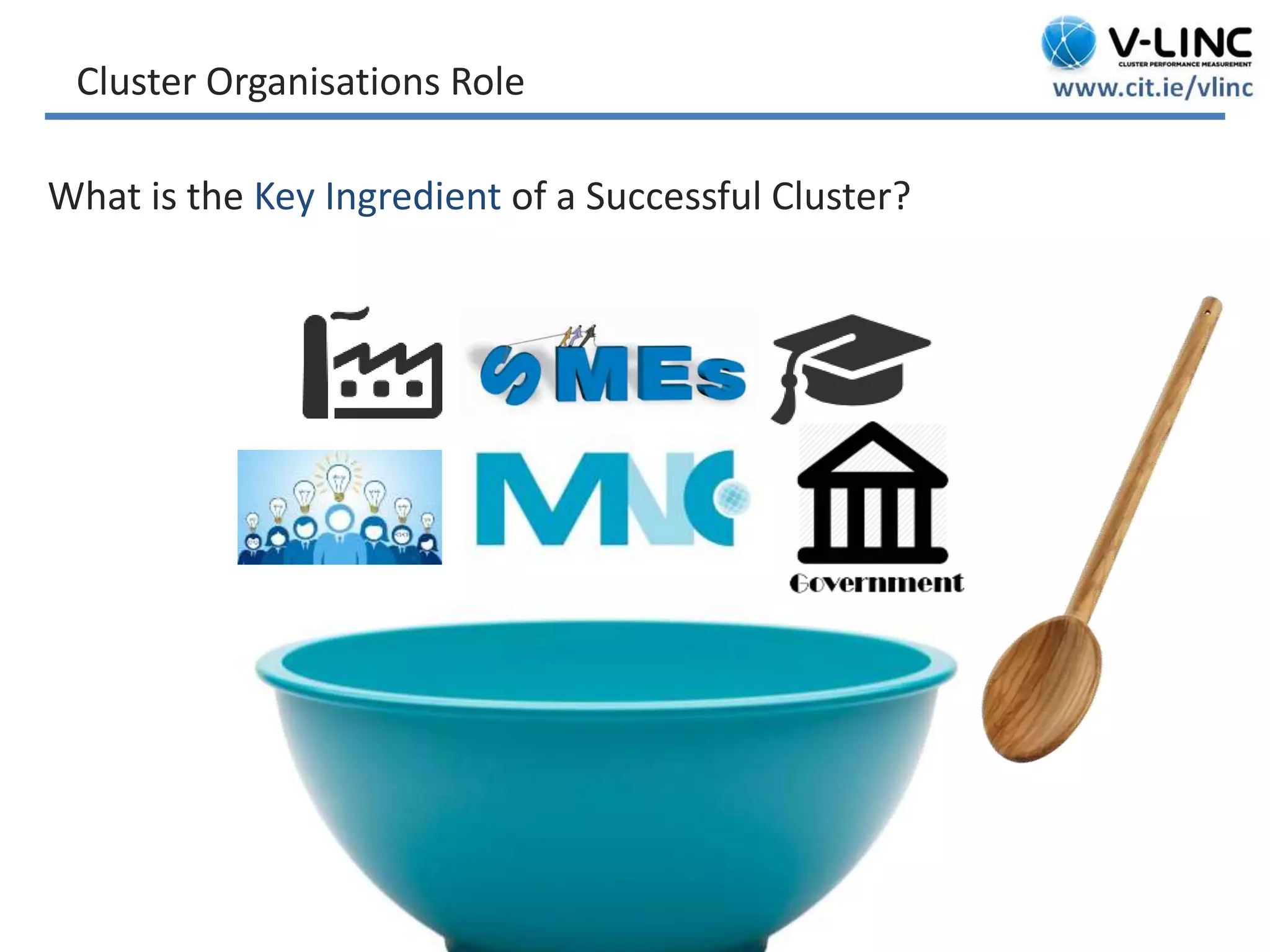 This project has received funding from the European Union’s
Seventh Framework Programme for research, technological
development and demonstration under grant agreement no.
319907
www.be-wiser.eu
Cluster Organisations Role
What is the Key Ingredient of a Successful Cluster?
 