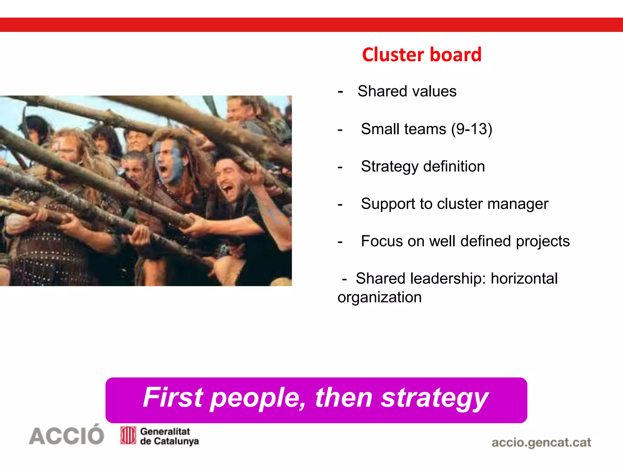 Cluster board
- Shared values
- Small teams (9-13)
- Strategy definition
- Support to cluster manager
- Focus on well defined projects
- Shared leadership: horizontal
organization
First people, then strategy
 