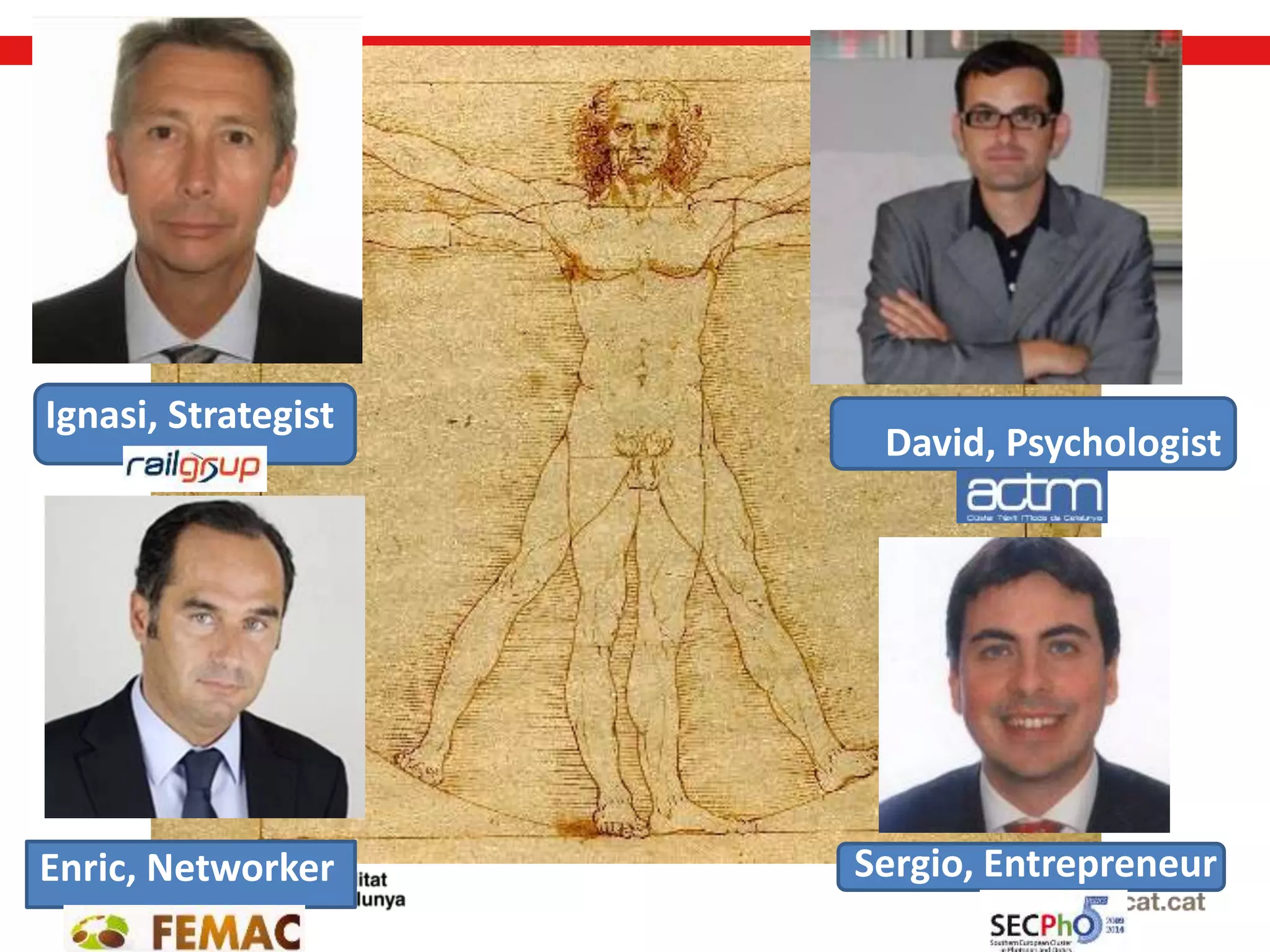 Ignasi, Strategist
David, Psychologist
Sergio, EntrepreneurEnric, Networker
 