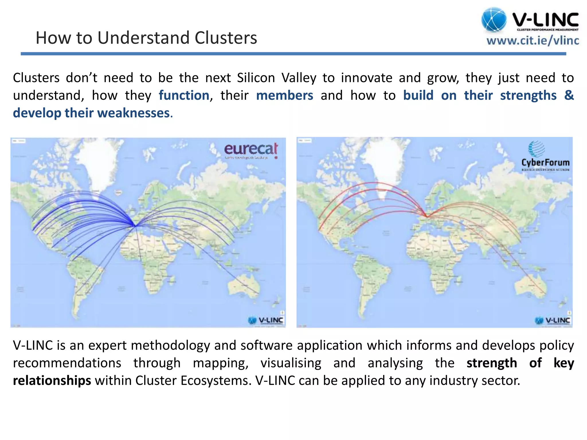 This project has received funding from the European Union’s
Seventh Framework Programme for research, technological
development and demonstration under grant agreement no.
319907
www.be-wiser.eu
How to Understand Clusters
Clusters don’t need to be the next Silicon Valley to innovate and grow, they just need to
understand, how they function, their members and how to build on their strengths &
develop their weaknesses.
V-LINC is an expert methodology and software application which informs and develops policy
recommendations through mapping, visualising and analysing the strength of key
relationships within Cluster Ecosystems. V-LINC can be applied to any industry sector.
 