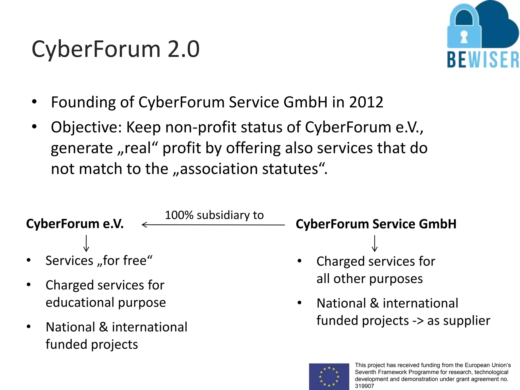 This project has received funding from the European Union’s
Seventh Framework Programme for research, technological
development and demonstration under grant agreement no.
319907
CyberForum 2.0
• Founding of CyberForum Service GmbH in 2012
• Objective: Keep non-profit status of CyberForum e.V.,
generate „real“ profit by offering also services that do
not match to the „association statutes“.
100% subsidiary to
• Charged services for
all other purposes
• National & international
funded projects -> as supplier
CyberForum e.V. CyberForum Service GmbH
• Services „for free“
• Charged services for
educational purpose
• National & international
funded projects
 