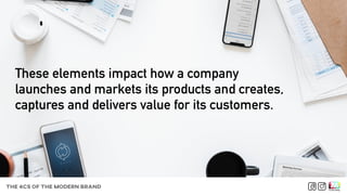 These elements impact how a company
launches and markets its products and creates,
captures and delivers value for its customers.
THE 4CS OF THE MODERN BRAND
 