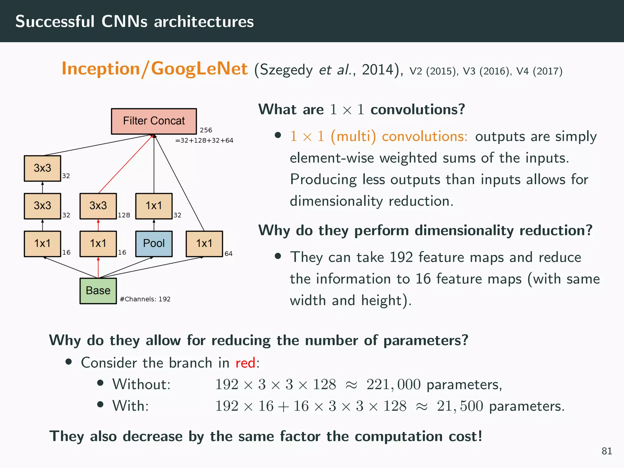 Successful CNNs architectures
Inception/GoogLeNet (Szegedy et al., 2014), V2 (2015), V3 (2016), V4 (2017)
What are 1 × 1 convolutions?
• 1 × 1 (multi) convolutions: outputs are simply
element-wise weighted sums of the inputs.
Producing less outputs than inputs allows for
dimensionality reduction.
Why do they perform dimensionality reduction?
• They can take 192 feature maps and reduce
the information to 16 feature maps (with same
width and height).
Why do they allow for reducing the number of parameters?
• Consider the branch in red:
• Without: 192 × 3 × 3 × 128 ≈ 221, 000 parameters,
• With: 192 × 16 + 16 × 3 × 3 × 128 ≈ 21, 500 parameters.
They also decrease by the same factor the computation cost!
81
 