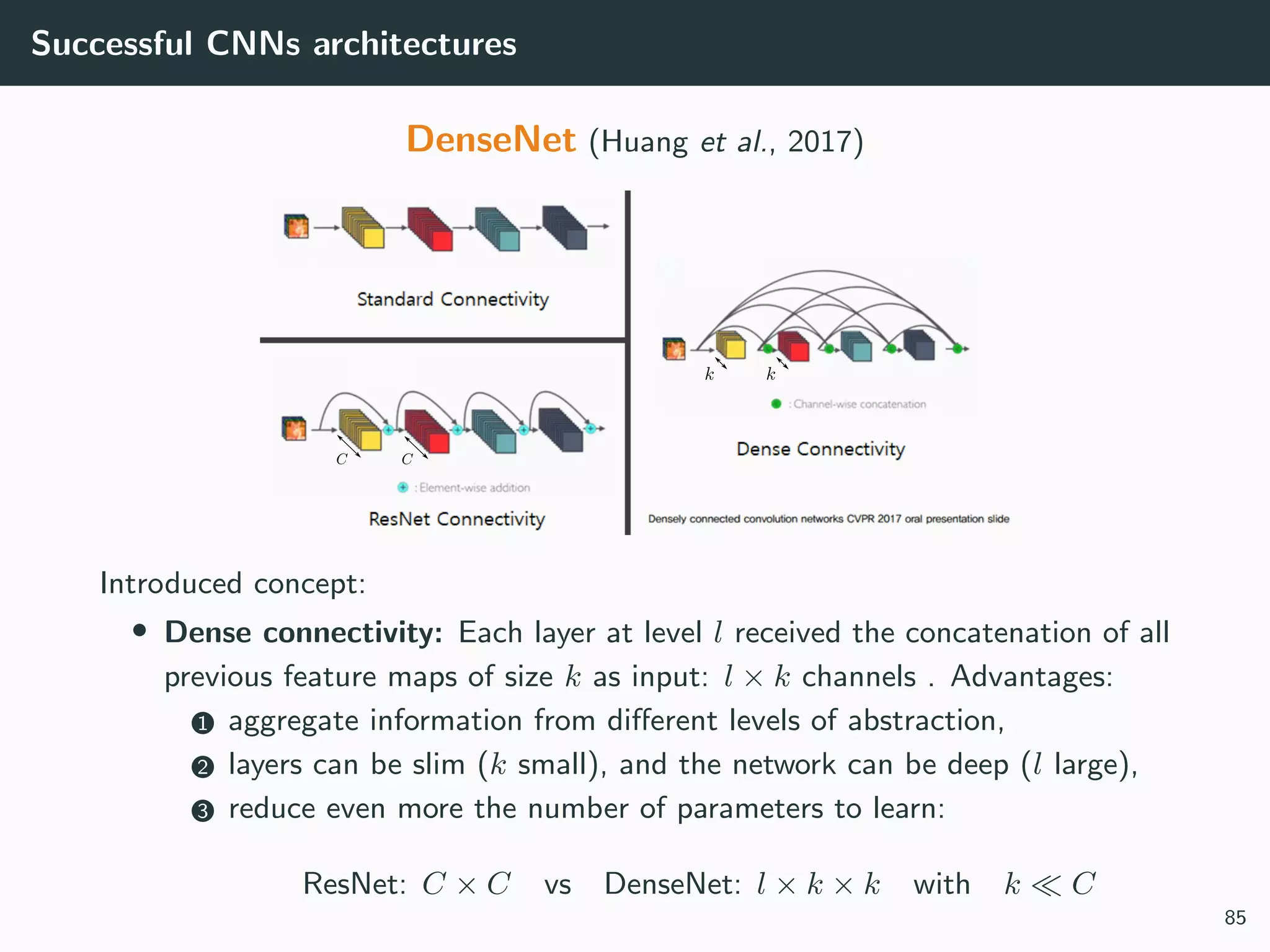Successful CNNs architectures
DenseNet (Huang et al., 2017)
Introduced concept:
• Dense connectivity: Each layer at level l received the concatenation of all
previous feature maps of size k as input: l × k channels . Advantages:
1 aggregate information from diﬀerent levels of abstraction,
2 layers can be slim (k small), and the network can be deep (l large),
3 reduce even more the number of parameters to learn:
ResNet: C × C vs DenseNet: l × k × k with k C
85
 