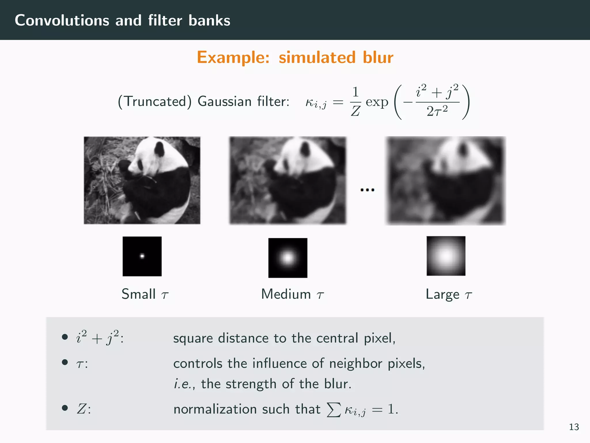 Convolutions and ﬁlter banks
Example: simulated blur
(Truncated) Gaussian ﬁlter: κi,j =
1
Z
exp −
i2
+ j2
2τ2
Small τ Medium τ Large τ
• i2
+ j2
: square distance to the central pixel,
• τ: controls the inﬂuence of neighbor pixels,
i.e., the strength of the blur.
• Z: normalization such that κi,j = 1.
13
 