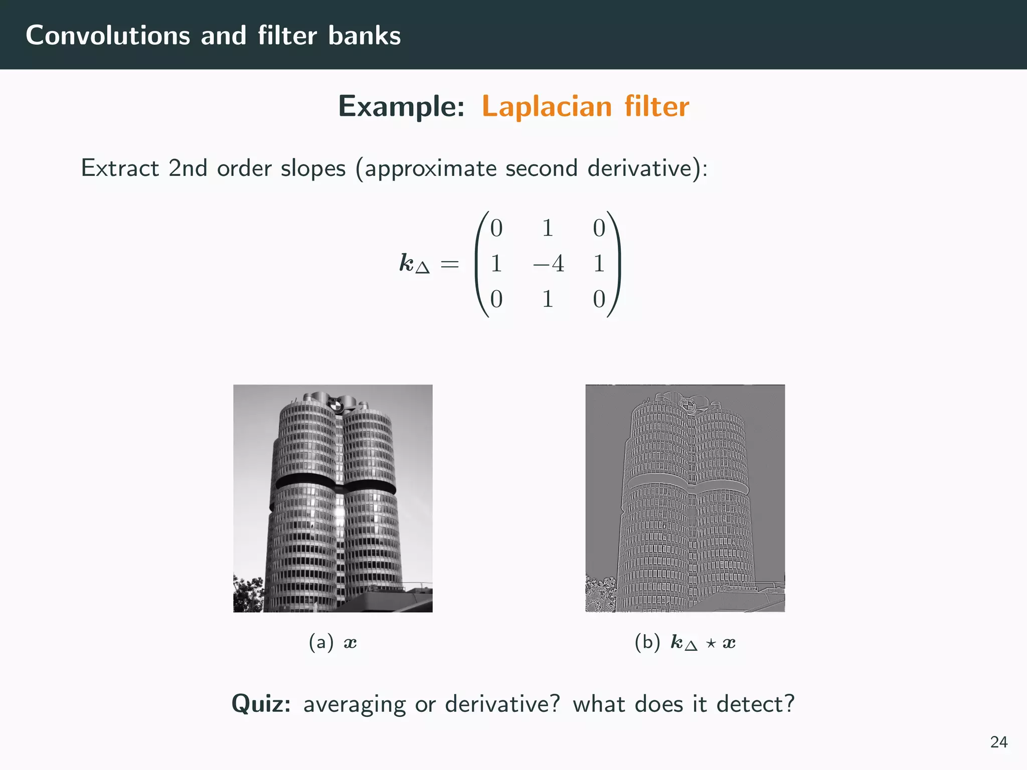Convolutions and ﬁlter banks
Example: Laplacian ﬁlter
Extract 2nd order slopes (approximate second derivative):
k∆ =



0 1 0
1 −4 1
0 1 0



(a) x (b) k∆ x
Quiz: averaging or derivative? what does it detect?
24
 