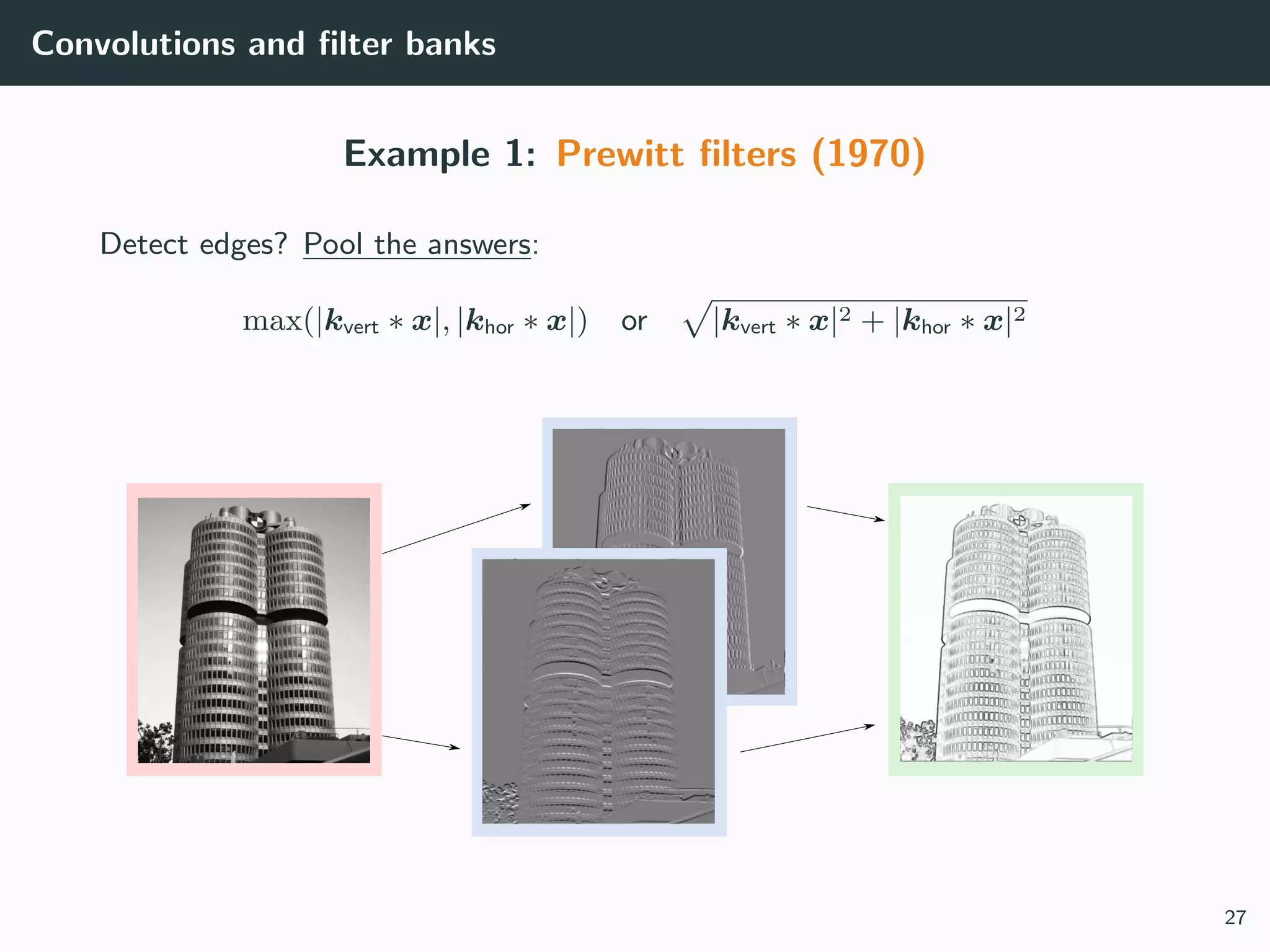 Convolutions and ﬁlter banks
Example 1: Prewitt ﬁlters (1970)
Detect edges? Pool the answers:
max(|kvert ∗ x|, |khor ∗ x|) or |kvert ∗ x|2 + |khor ∗ x|2
27
 