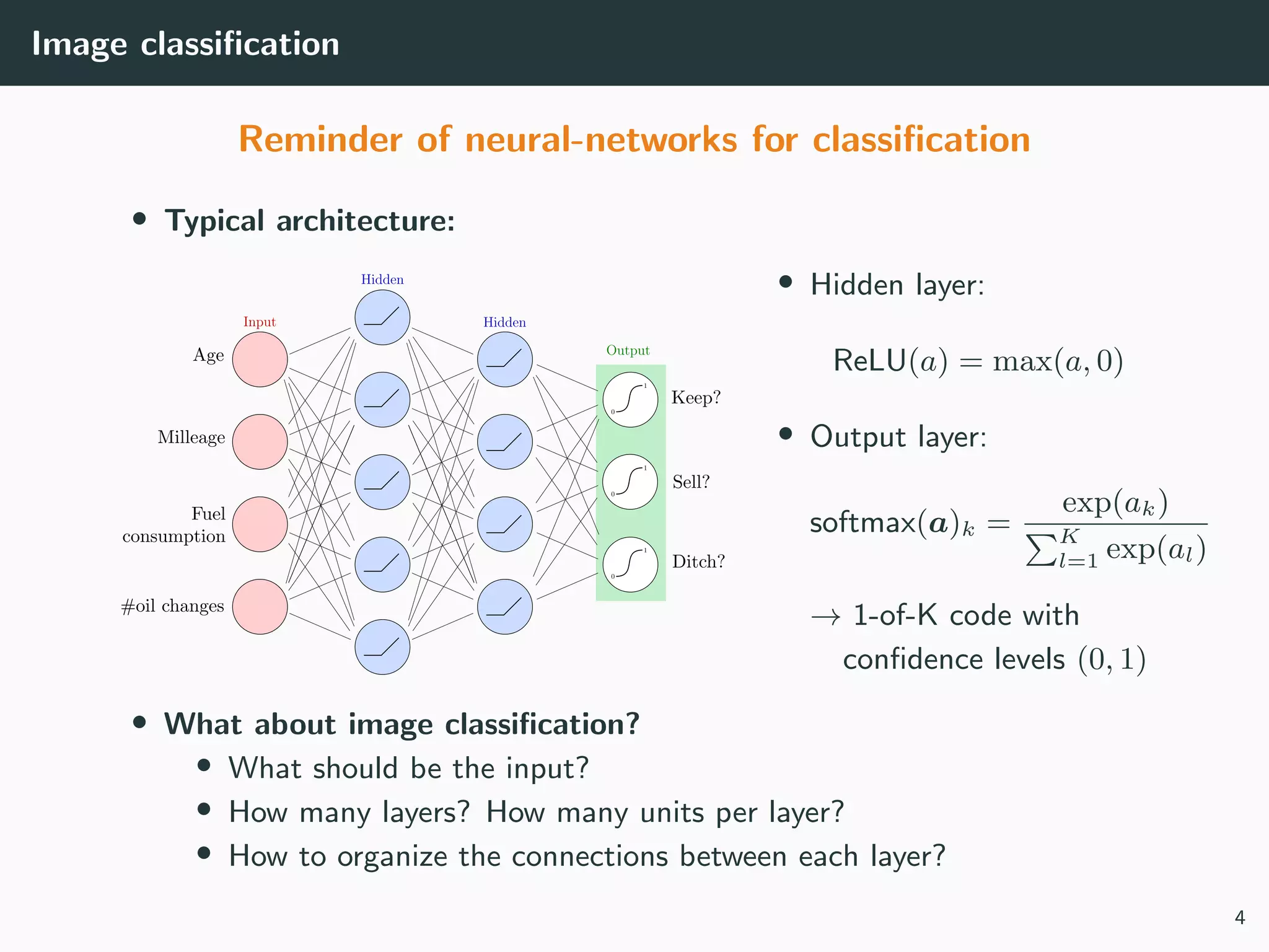 Image classiﬁcation
Reminder of neural-networks for classiﬁcation
• Typical architecture:
• Hidden layer:
ReLU(a) = max(a, 0)
• Output layer:
softmax(a)k =
exp(ak)
K
l=1 exp(al)
→ 1-of-K code with
conﬁdence levels (0, 1)
• What about image classiﬁcation?
• What should be the input?
• How many layers? How many units per layer?
• How to organize the connections between each layer?
4
 