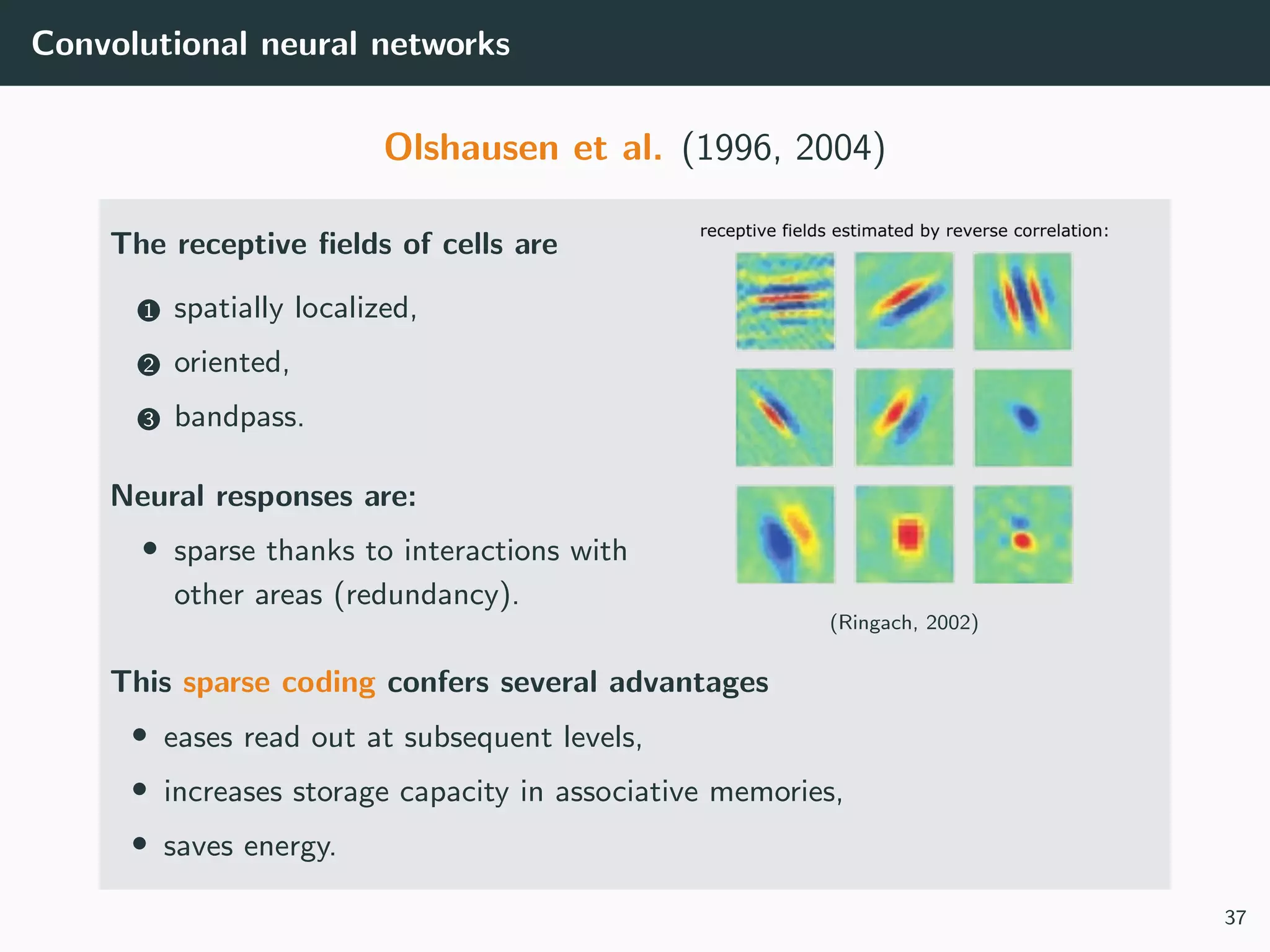 Convolutional neural networks
Olshausen et al. (1996, 2004)
The receptive ﬁelds of cells are
1 spatially localized,
2 oriented,
3 bandpass.
Neural responses are:
• sparse thanks to interactions with
other areas (redundancy).
(Ringach, 2002)
This sparse coding confers several advantages
• eases read out at subsequent levels,
• increases storage capacity in associative memories,
• saves energy.
37
 