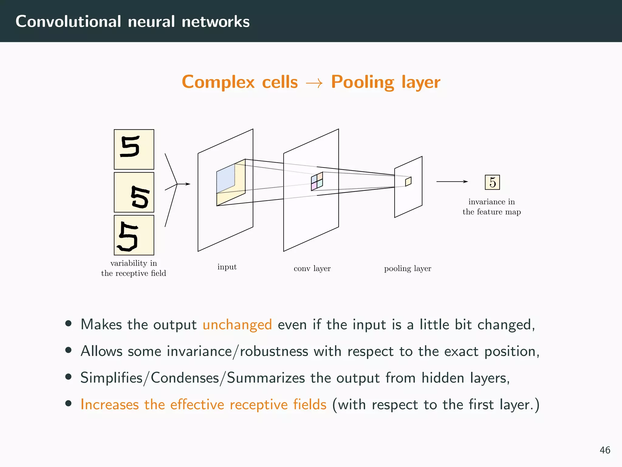 Convolutional neural networks
Complex cells → Pooling layer
• Makes the output unchanged even if the input is a little bit changed,
• Allows some invariance/robustness with respect to the exact position,
• Simpliﬁes/Condenses/Summarizes the output from hidden layers,
• Increases the eﬀective receptive ﬁelds (with respect to the ﬁrst layer.)
46
 