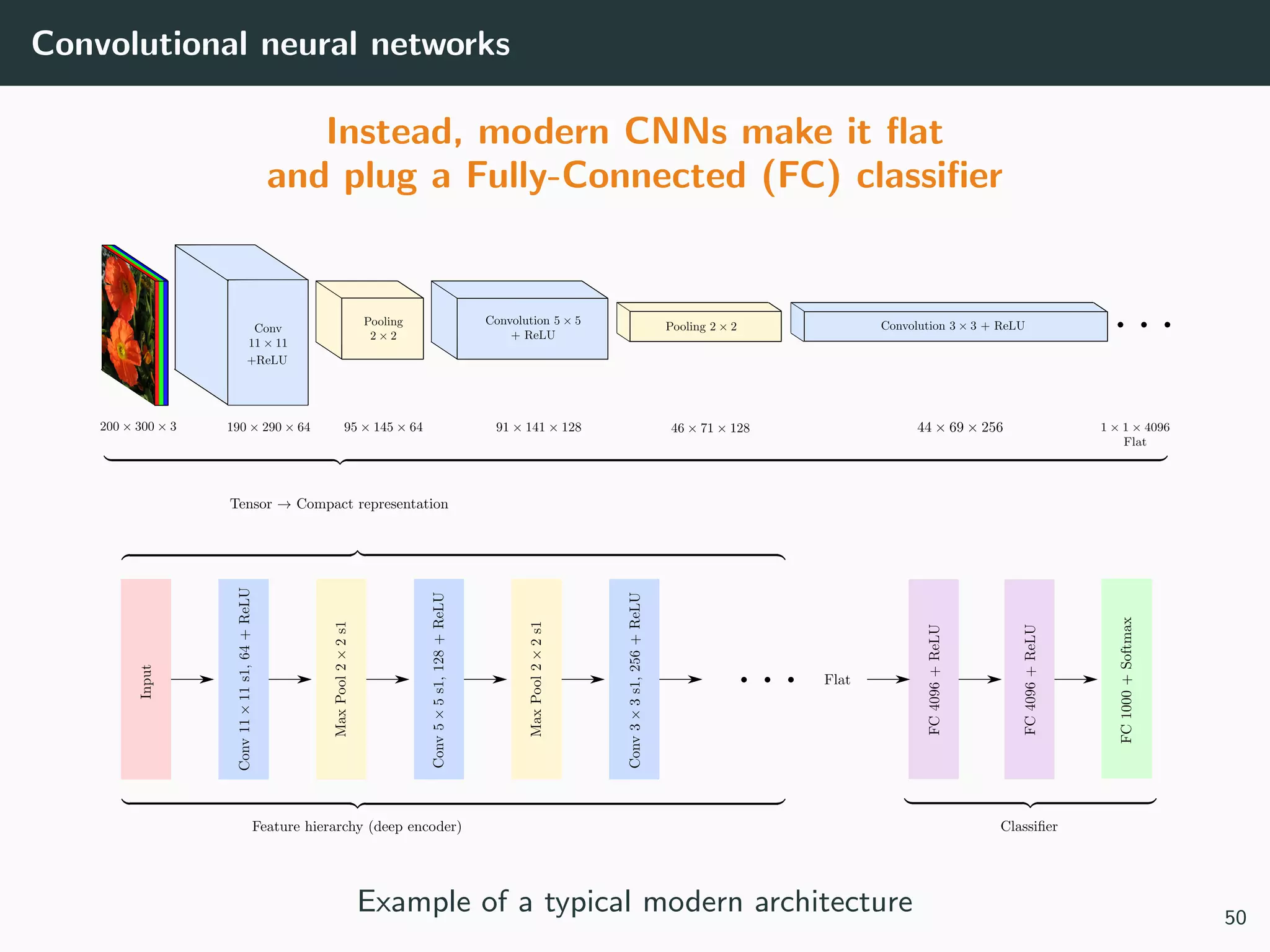 Convolutional neural networks
Instead, modern CNNs make it ﬂat
and plug a Fully-Connected (FC) classiﬁer
Example of a typical modern architecture 50
 
