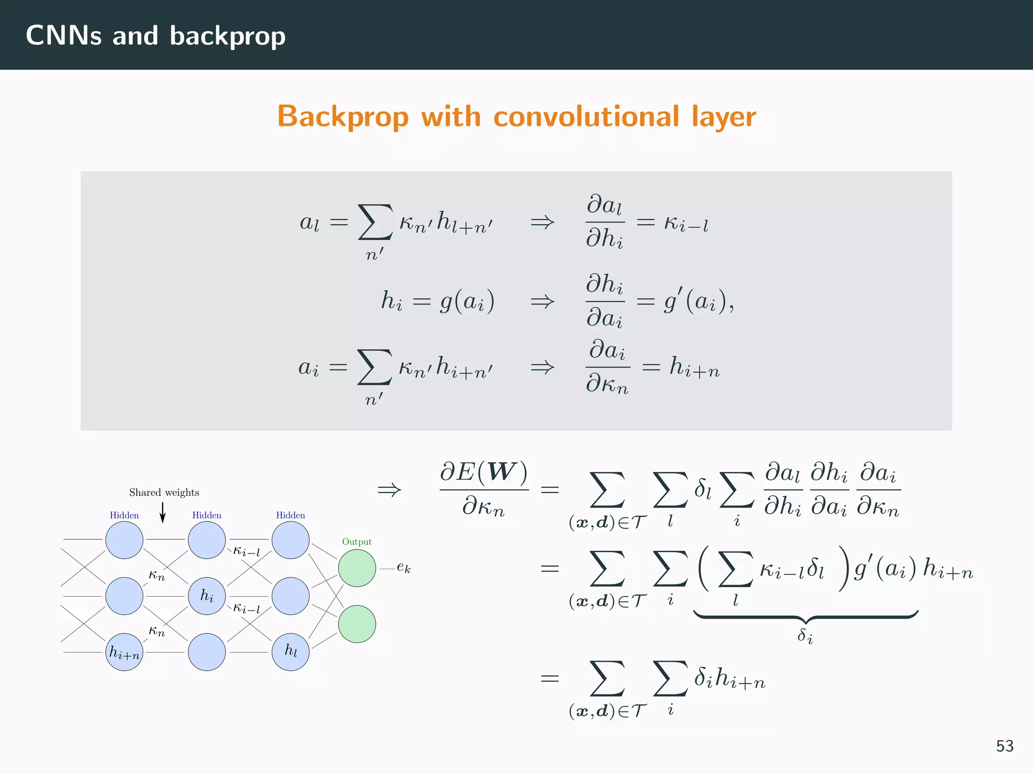 CNNs and backprop
Backprop with convolutional layer
al =
n
κn hl+n ⇒
∂al
∂hi
= κi−l
hi = g(ai) ⇒
∂hi
∂ai
= g (ai),
ai =
n
κn hi+n ⇒
∂ai
∂κn
= hi+n
⇒
∂E(W )
∂κn
=
(x,d)∈T l
δl
i
∂al
∂hi
∂hi
∂ai
∂ai
∂κn
=
(x,d)∈T i l
κi−lδl g (ai)
δi
hi+n
=
(x,d)∈T i
δihi+n
53
 