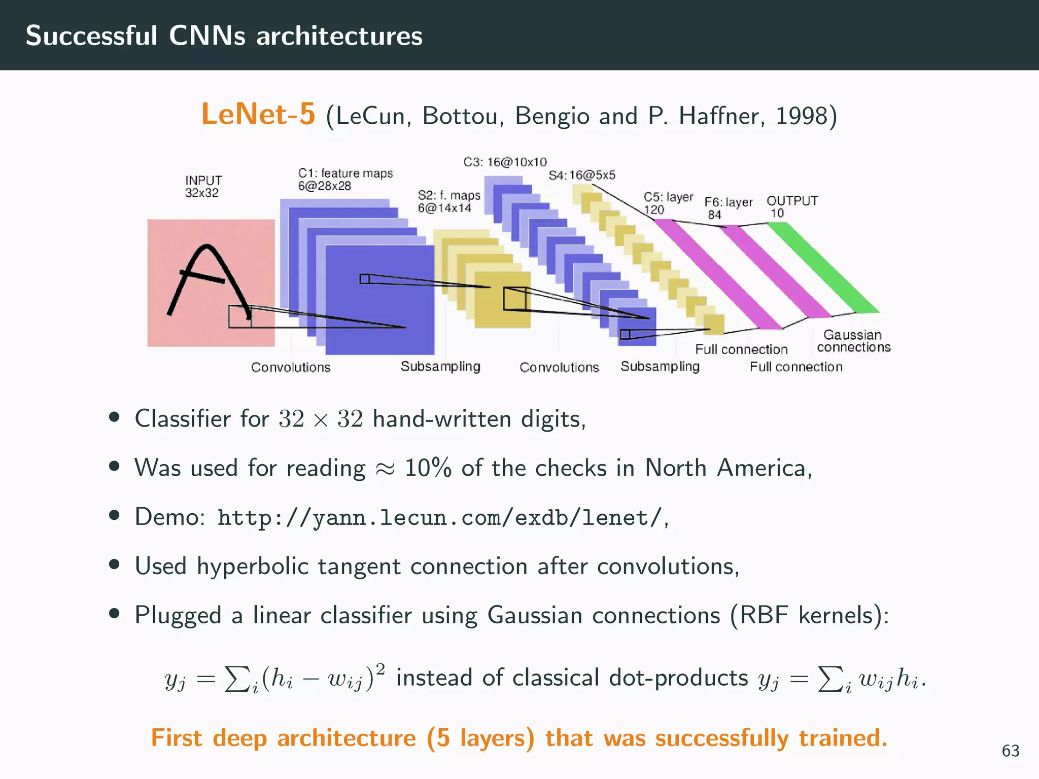 Successful CNNs architectures
LeNet-5 (LeCun, Bottou, Bengio and P. Haﬀner, 1998)
• Classiﬁer for 32 × 32 hand-written digits,
• Was used for reading ≈ 10% of the checks in North America,
• Demo: http://yann.lecun.com/exdb/lenet/,
• Used hyperbolic tangent connection after convolutions,
• Plugged a linear classiﬁer using Gaussian connections (RBF kernels):
yj = i(hi − wij)2
instead of classical dot-products yj = i wijhi.
First deep architecture (5 layers) that was successfully trained. 63
 