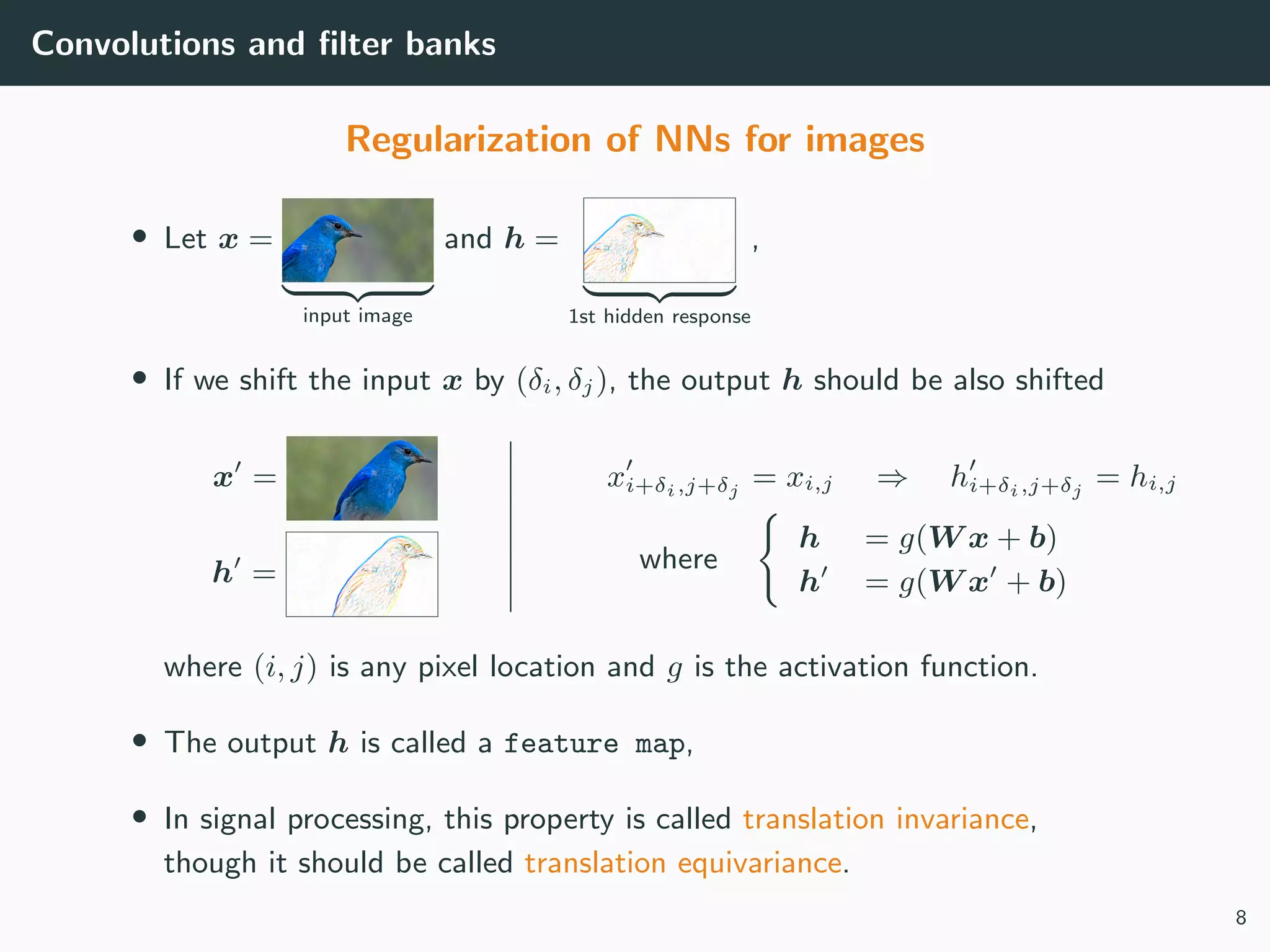 Convolutions and ﬁlter banks
Regularization of NNs for images
• Let x =
input image
and h =
1st hidden response
,
• If we shift the input x by (δi, δj), the output h should be also shifted
x =
h =
xi+δi,j+δj
= xi,j ⇒ hi+δi,j+δj
= hi,j
where
h = g(W x + b)
h = g(W x + b)
where (i, j) is any pixel location and g is the activation function.
• The output h is called a feature map,
• In signal processing, this property is called translation invariance,
though it should be called translation equivariance.
8
 