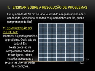 1. ENSINAR SOBRE A RESOLUÇÃO DE PROBLEMAS
Um quadrado de 10 cm de lado foi dividido em quadradinhos de 1
cm de lado. Colocando-se todos os quadradinhos em fila, qual o
comprimento da fila?
1º. COMPREENSÃO DO
PROBLEMA:
Identificar as partes principais
do problema. Quais são os
dados? Etc
Neste processo de
compreensão podem-se
traçar figuras, adotar
notações adequadas e
separar as diversas partes
das condições.
1 cm
1 cm
 