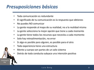 Coaching &
PNL
Presuposiciones básicas
• Toda comunicación es redundante
• El significado de tu comunicación es la respuesta que obtienes
• No puedes NO comunicar
• La gente responde al mapa de su realidad, no a la realidad misma
• La gente selecciona la mejor opción que tiene a cada momento
• La gente tiene todos los recursos que necesita a cada momento
• Solo hay retroalimentación, no error
• Si algo es posible para alguien, es posible para el otro
• Toda experiencia tiene una estructura
• Mente y cuerpo son partes de un solo sistema
• Detrás de toda conducta subyace una intensión positiva
L u i s D o n g 15
 