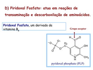 D) Piridoxal Fosfato: atua em reações de  transaminação e descarboxilação de aminoácidos. Piridoxal Fosfato , um derivado da vitamina B 6 Grupo aceptor 