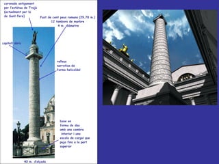 Fust de cent peus romans (29,78 m.)  12 tambors de marbre  4 m. diàmetre coronada antigament  per l’estàtua de Trajà  (actualment per la  de Sant Pere) relleus  narratius de  forma helicoïdal  capitell dòric base en  forma de dau  amb una cambra  interior i una  escala de cargol que  puja fins a la part  superior 40 m. d’alçada 