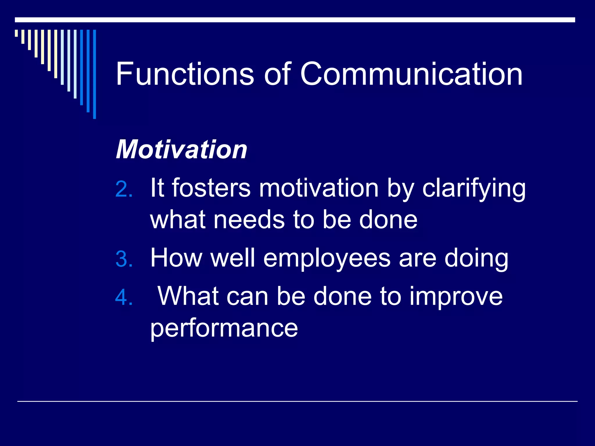 Functions of Communication Motivation It fosters motivation by clarifying what needs to be done How well employees are doing  What can be done to improve performance 