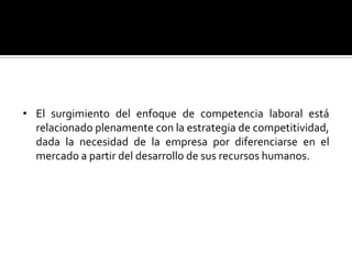 La mayor exposición a la competencia mundial y la presión por el mejoramiento de la calidad y la reducción de costos, fueron estrategias que rápidamente se difundieron desde el Japón hacia el occidente.El surgimiento del enfoque de competencia laboral está relacionado plenamente con la estrategia de competitividad, dada la necesidad de la empresa por diferenciarse en el mercado a partir del desarrollo de sus recursos humanos.SIMAPROSistema de Medición y Avance de la Productividad, cuyo principio básico parte de aceptar que la modificación en el desempeño de los trabajadores incide en los indicadores de productividad.