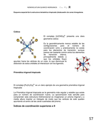 NOMENCLATURA QUIMICO-INORGANICA          Quím Wong 黄

Esquema espacial de la estructura tetraédrica triapicada (dodecaedro de caras triangulares




Cúbica

                                      El complejo [U(CNS)8]4- presenta una clara
                                      geometría cúbica

                                      Es la geométricamente menos estable de las
                                      configuraciones      para    el número     de
                                      coordinación ocho y prácticamente no existe
                                      para los elementos de transición, aunque
                                      parece ser bastante común entre los elementos
                                      de     transición   interna,
                                      principalmente debido a
                                      que los orbitales f(xyz)
apuntan hacia los vértices de un cubo, lo que disminuye la
distorsión de estos orbitales al interactuar con los ligandos.



Prismática trigonal triapicada




El complejo [Pu(H2O)9]3+ es un claro ejemplo de una geometría prismática trigonal
triapicada

La Prismática trigonal triapicada es la geometría más regular y estable que existe
para un número de coordinación nueve. La aproximación más sencilla para
comprender esta estructura tridimensional es imaginarse un prisma trigonal y a
media altura insertar un triángulo de modo que los vertices de este queden
apuntando al centro de las caras cuadradas del prisma.

Índices de coordinación superiores a 9




                                                                                             57
 