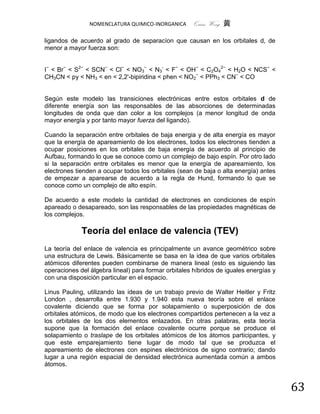 NOMENCLATURA QUIMICO-INORGANICA      Quím Wong 黄

ligandos de acuerdo al grado de separacíon que causan en los orbitales d, de
menor a mayor fuerza son:


I− < Br− < S2− < SCN− < Cl− < NO3− < N3- < F− < OH− < C2O42− < H2O < NCS− <
CH3CN < py < NH3 < en < 2,2'-bipiridina < phen < NO2− < PPh3 < CN− < CO


Según este modelo las transiciones electrónicas entre estos orbitales d de
diferente energía son las responsables de las absorciones de determinadas
longitudes de onda que dan color a los complejos (a menor longitud de onda
mayor energía y por tanto mayor fuerza del ligando).

Cuando la separación entre orbitales de baja energia y de alta energía es mayor
que la energía de apareamiento de los electrones, todos los electrones tienden a
ocupar posiciones en los orbitales de baja energía de acuerdo al principio de
Aufbau, formando lo que se conoce como un complejo de bajo espín. Por otro lado
si la separación entre orbitales es menor que la energía de apareamiento, los
electrones tienden a ocupar todos los orbitales (sean de baja o alta energía) antes
de empezar a aparearse de acuerdo a la regla de Hund, formando lo que se
conoce como un complejo de alto espín.

De acuerdo a este modelo la cantidad de electrones en condiciones de espín
apareado o desapareado, son las responsables de las propiedades magnéticas de
los complejos.

             Teoría del enlace de valencia (TEV)
La teoría del enlace de valencia es principalmente un avance geométrico sobre
una estructura de Lewis. Básicamente se basa en la idea de que varios orbitales
atómicos diferentes pueden combinarse de manera lineal (esto es siguiendo las
operaciones del álgebra lineal) para formar orbitales híbridos de iguales energías y
con una disposición particular en el espacio.

Linus Pauling, utilizando las ideas de un trabajo previo de Walter Heitler y Fritz
London , desarrolla entre 1.930 y 1.940 esta nueva teoría sobre el enlace
covalente diciendo que se forma por solapamiento o superposición de dos
orbitales atómicos, de modo que los electrones compartidos pertenecen a la vez a
los orbitales de los dos elementos enlazados. En otras palabras, esta teoría
supone que la formación del enlace covalente ocurre porque se produce el
solapamiento o traslape de los orbitales atómicos de los átomos participantes, y
que este emparejamiento tiene lugar de modo tal que se produzca el
apareamiento de electrones con espines electrónicos de signo contrario; dando
lugar a una región espacial de densidad electrónica aumentada común a ambos
átomos.


                                                                                       63
 