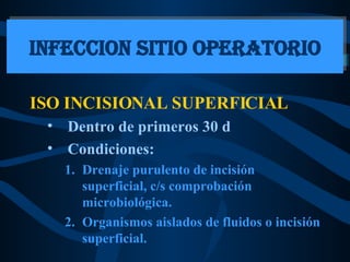 ISO INCISIONAL SUPERFICIAL Dentro de primeros 30 d Condiciones: Drenaje purulento de incisión superficial, c/s comprobación microbiológica. Organismos aislados de fluidos o incisión superficial. INFECCION SITIO OPERATORIO 