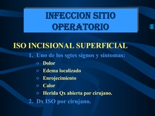 ISO INCISIONAL SUPERFICIAL Uno de los sgtes signos y síntomas: Dolor  Edema localizado Enrojecimiento Calor Herida Qx abierta por cirujano. Dx ISO por cirujano. INFECCION SITIO OPERATORIO 