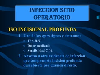 ISO INCISIONAL PROFUNDA Uno de los sgtes signos y síntomas: Tº  > 38ºC Dolor localizado  Sensibilidad C (-). Absceso u otra evidencia de infección que comprometa incisión profunda descubierta por examen directo. INFECCION SITIO OPERATORIO 