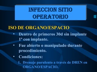 ISO DE ORGANO/ESPACIO Dentro de primeros 30d sin implante  1ª con implante. Fue abierto o manipulado durante procedimiento. Condiciones: Drenaje purulento a través de DREN en  ORGANO/ESPACIO. INFECCION SITIO OPERATORIO 