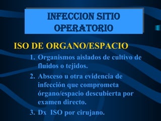 ISO DE ORGANO/ESPACIO Organismos aislados de cultivo de fluidos o tejidos. Absceso u otra evidencia de infección que comprometa órgano/espacio descubierta por examen directo. Dx  ISO por cirujano. INFECCION SITIO OPERATORIO 