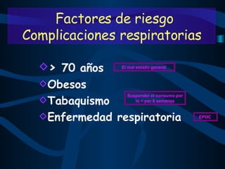 >  70 años  Obesos Tabaquismo  Enfermedad respiratoria Factores de riesgo    Complicaciones respiratorias El mal estado general  Suspender el consumo por lo < por 8 semanas EPOC  