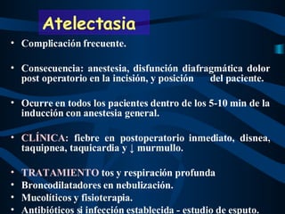 Complicación frecuente. Consecuencia: anestesia, disfunción diafragmática dolor post operatorio en la incisión, y posición del paciente. Ocurre en todos los pacientes dentro de los 5-10 min de la inducción con anestesia general. CLÍNICA:  fiebre en postoperatorio inmediato, disnea, taquipnea, taquicardia y  ↓  murmullo.  TRATAMIENTO  tos y respiración profunda Broncodilatadores en nebulización. Mucolíticos y fisioterapia. Antibióticos si infección establecida - estudio de esputo. Atelectasia 